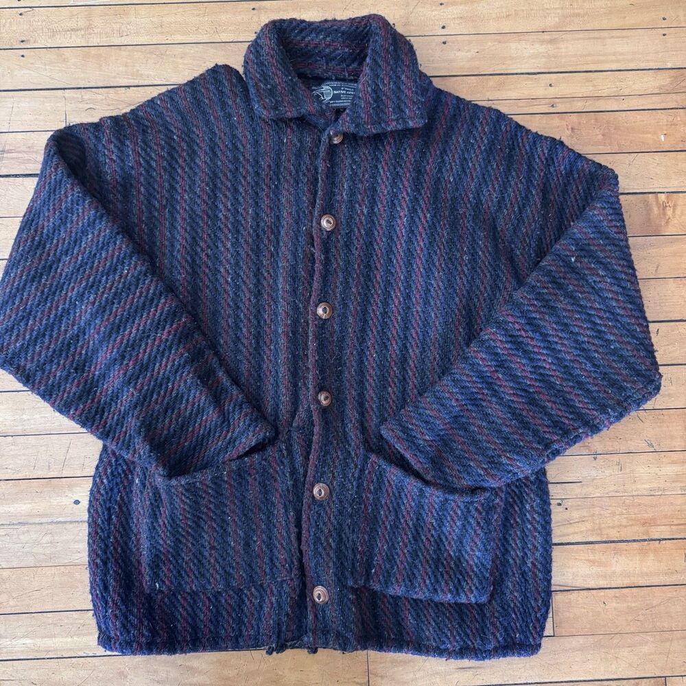 Otavalo Coat made in Ecuador Mens Wool  Mens Jacket Woven Navy Red Gray Striped